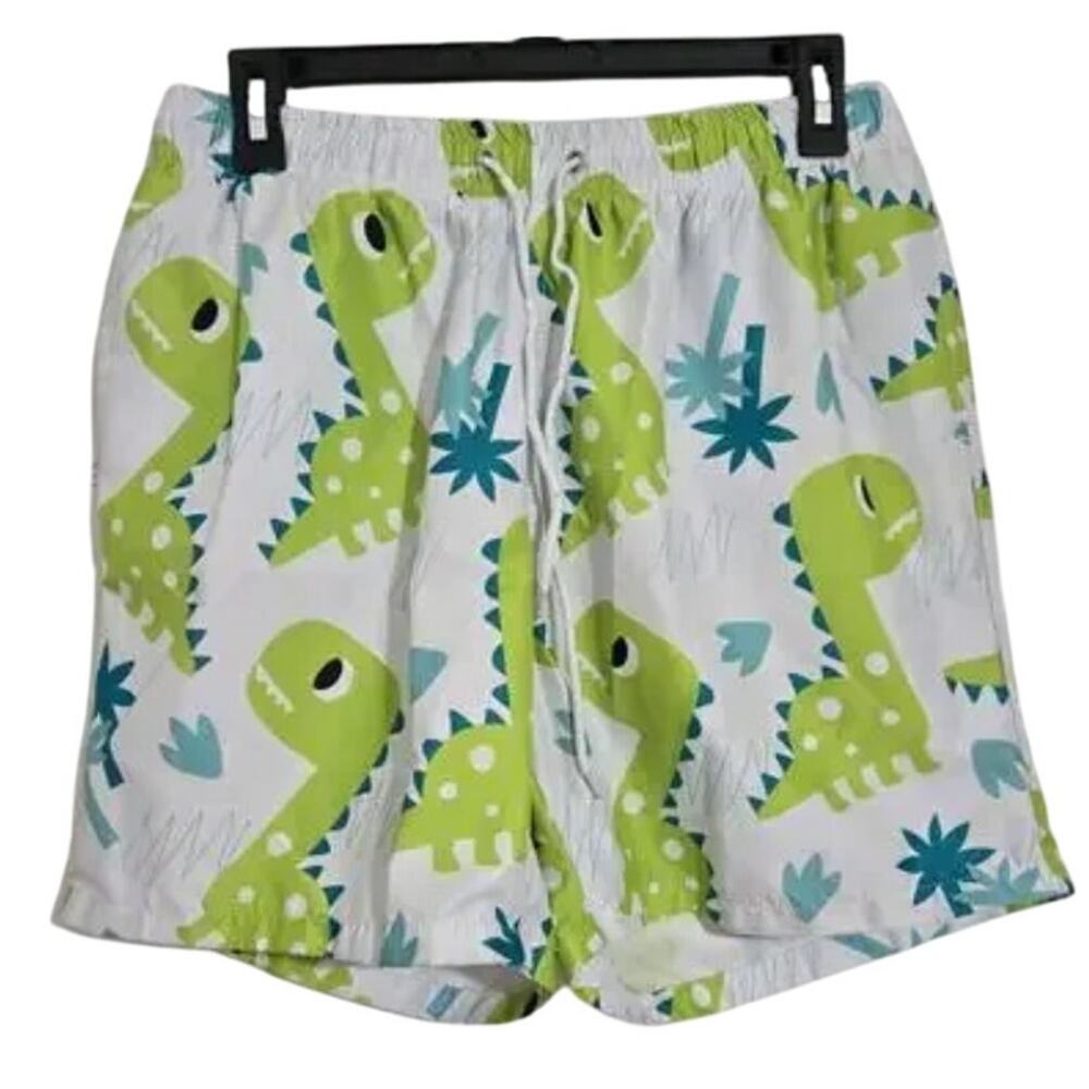 Shein Men's Medium dinosaur printed lined swim trunks